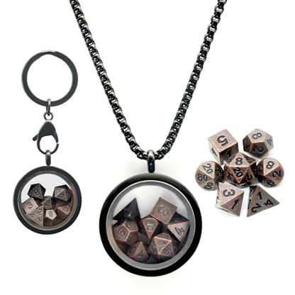 PJOY Mini Dice Set Tiny DND Dice with Necklace Case D&D Portable 7PCS Keychain Antique Copper Metal Dice Set for Role Playing Dice Games Compatible with Dungeons and Dragons Gifts - color: Black Copper