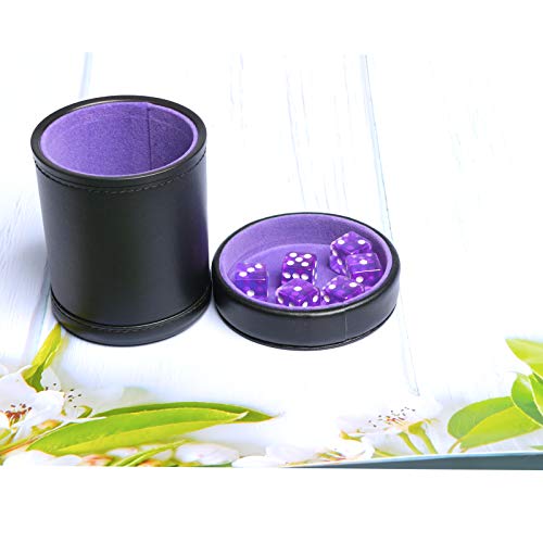 PU Leather Dice Cup Purple Velvet Lined Quiet Shaker with Lid Including 6 Purple Translucent Dice for Liars Dice Farkle Yahtzee Board Games - color: Purple