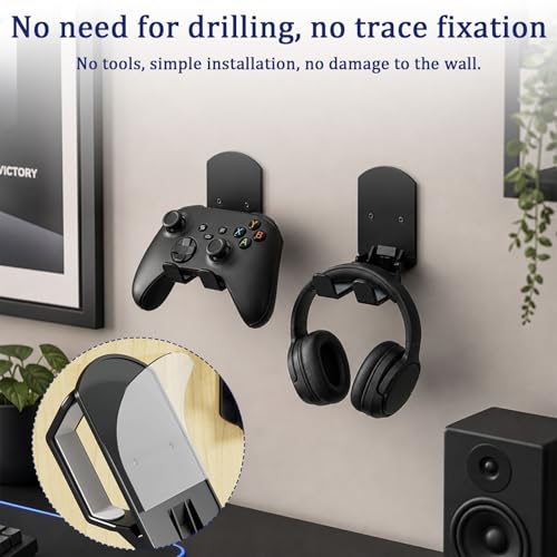 4 Pack Wall Mount Headphone Holder with Foldable Controller Hanger, Metal Gaming Headset Hook for Desk Side or Wall, Space Saving Gamepad Organizer for Home Setup