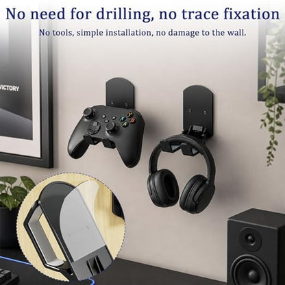 4 Pack Wall Mount Headphone Holder with Foldable Controller Hanger, Metal Gaming Headset Hook for Desk Side or Wall, Space Saving Gamepad Organizer for Home Setup