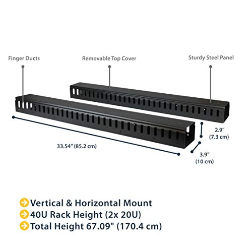 StarTech 40U Vertical Cable Manager, Finger Ducts, 2-Pack 3ft (CMVER40UF) | 2-pack 20U vertical cable organizer panels, Rack-mount cable raceway, Finger ducts, 2x 3ft (91cm) wire organizers, 19in rack - style: 40 U | Vertical