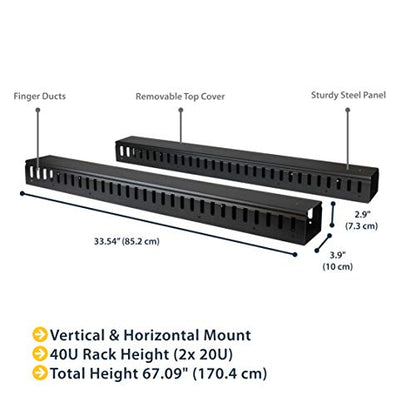 StarTech 40U Vertical Cable Manager, Finger Ducts, 2-Pack 3ft (CMVER40UF) | 2-pack 20U vertical cable organizer panels, Rack-mount cable raceway, Finger ducts, 2x 3ft (91cm) wire organizers, 19in rack - style: 40 U | Vertical