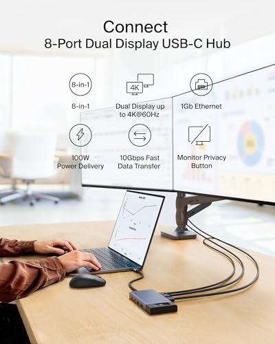 Belkin USB-C Hub 8 in 1 100W Dual Display for Windows | 4K@60Hz resolution, ethernet port, mirrored display support for macOS, compatible with Chromebook, travel-friendly - style: 8-in-1 Hub