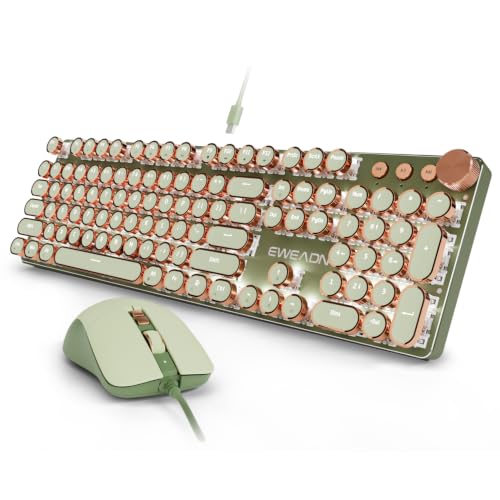 SEUNKWANG Wired Typewriter Keyboard and Mouse Combo, Retro Mechanical Keyboard with Multimedia Knob, White Backlit, Metal Panel, Low Noise Pink Switch Keyboard Mouse Set for PC Laptop - Green - color: Green