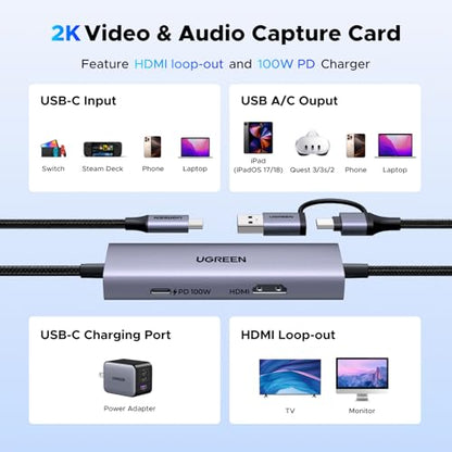 UGREEN 2K@30Hz USB C Video Capture Card with 100W PD 4K@30Hz HDMI Loop-Out, 1080P 60fps USB 3.0 Capture Card for Streaming Low Latency YUY2 VR Compatible with Switch, Stream Deck, Quest 3