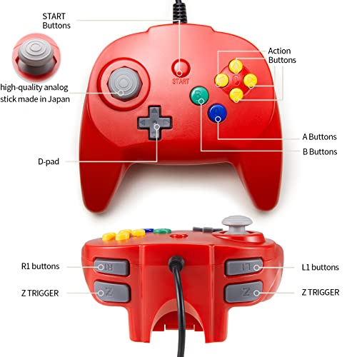 KIWITATA Retro N64 Controller, Mini N64 Wired 64-bit Remote Game Controller Upgraded Joystick Replacement Video Gamepad Red - color: red