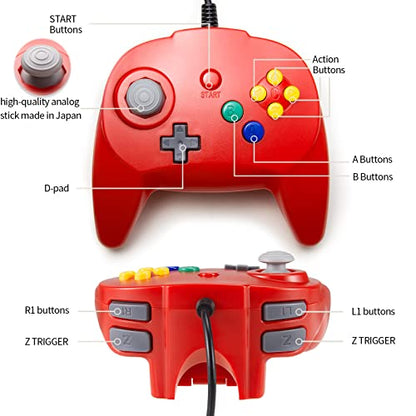 KIWITATA Retro N64 Controller, Mini N64 Wired 64-bit Remote Game Controller Upgraded Joystick Replacement Video Gamepad Red - color: red