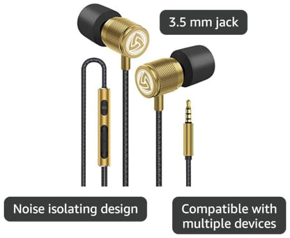 LUDOS Ultra Wired Earbuds in-Ear Headphones, 5 Years Warranty, Earphones with Microphone, Noise Isolating Ear Buds, Memory Foam for iPhone, Samsung, School Students, Kids, Women, Small Ears - Gold - color: Gold, style: 3.5 mm