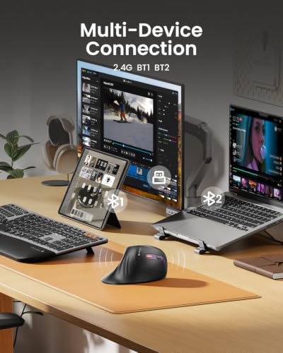 ProtoArc EM11 NL Wireless Ergonomic Mouse, Rechargeable, Black Purple | 58° vertical design supports a natural wrist posture, connect 3 devices via Bluetooth/2.4G USB-A, 500mAh USB-C rechargeable. - color: Black Purple