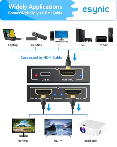 eSynic 4K@30Hz HDMI Splitter 1x2-1 in 2 Out HDMI Splitter for Dual Monitors-Plug & Play-Supports1080P 3D HDCP Bypass – for PS4/PS5, Projector, PC, TV, Office Conference -Only Mirror No Extend Mode - size: 1 In 2 Out