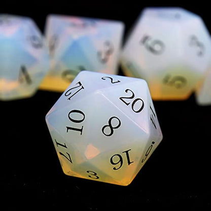 Haxtec Opal Stone Dice Black Numbers Gemstone DND Dice Set Polyhedral Dice with Dice Case D&D Compatible with Dungeons and Dragons TTRPG D&D Master Gift - color: White Black