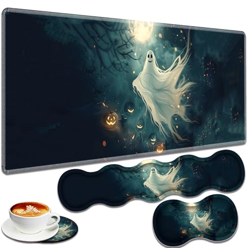 Large Gaming Mouse Pad + Keyboard Wrist Rest + Wrist Support + Coaster Set, Memory Foam Ergonomic for Easy Typing, XXL Extended Gaming Mouse Pad Table Pad - Halloween Ghost - color: Halloween Ghost