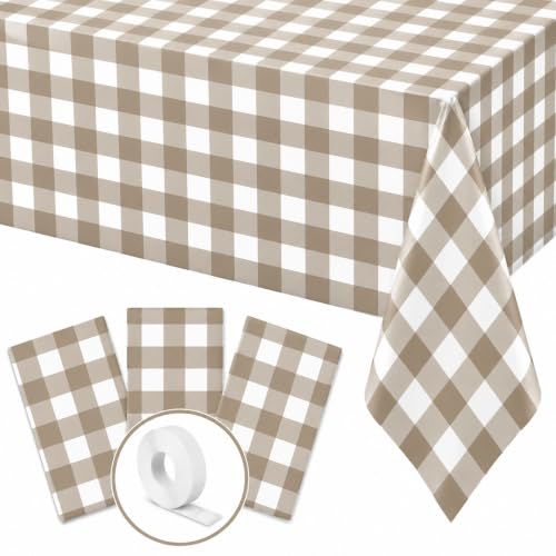 Blue Orchards Brown Gingham Table Cover (Pack of 3 with 20 Glue dots) - 54"x108" XL - Brown and White Buffalo Checkered Picnic Plastic Tablecloth, Camping Decoration, Outdoor Birthday Party Supplies - color: Brown Gingham (Pack of 3)