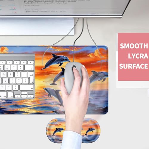 Mouse Pad,Large Desk Mat Set, 4in1 XL Mousepad + Keyboard Wrist Rest+Mouse Wrist Rest+Coaster with Ergonomic Desk Pad for Home Office Table Computer Cover -Dolphin Jumping Ocean Sunset Beach - color: Dolphin Jumping Ocean Sunset Beach