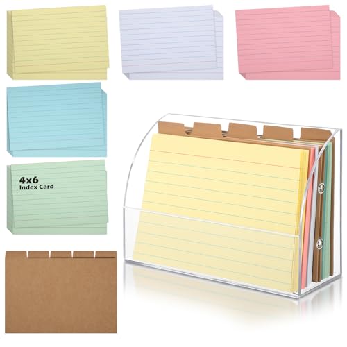 Affrolling Acrylic Index Card Box 4 x 6'' with 100 Pcs Indexcards 5 Pcs Kraft Divider Card Clear Index Holder Organizer Case for Office Business Desktop Recipe Notecard Storage Box Study Work