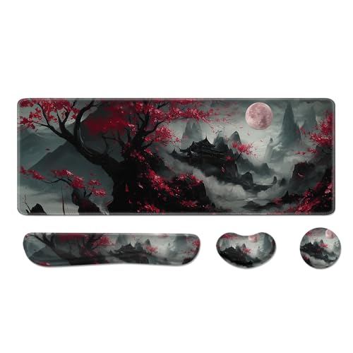 Desk Pad and Keyboard Wrist Rest,Janpense Large Mouse Pad + Keyboard Pad+Mouse Wrist Support, Non-Slip Desk Mat Protector for Office, Home 31.5×11.8 Inches Cherry Blossom - color: Cherry Blossom