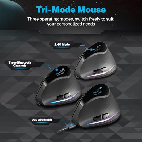 Gaming Mouse with Display, Wireless Vertical Ergonomic Mouse with Tri-Mode Connectivity, 7 Programmable RGB Buttons, 4000 DPI, Rechargeable for PC Laptop Mac - color: Gray