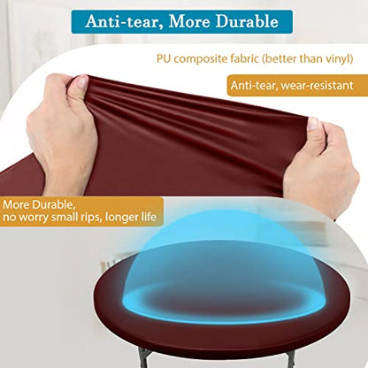 Double Design PU Round Tablecloth, Anti-Tear Wipeable Elastic Round Tablecloth, Soft-Touch Fitted Table Cloth, Waterproof Oil-Proof Table Cover (Burgundy, 53"-56" Round) - color: Burgundy, size: 55" (Round)