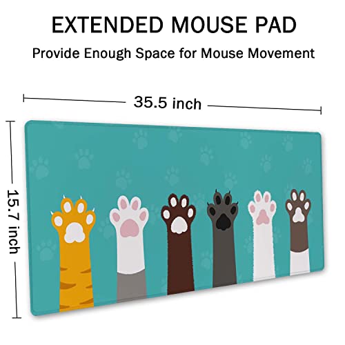 SSOIU Large Mouse Pad, Full Desk XXL Extended Gaming Mouse Pad 35.5" X 15.7", Waterproof Desk Mat Stitched Edges, Non-Slip Laptop Computer Keyboard Mousepad for Office and Home, Cat Paws - color: Cat Paws