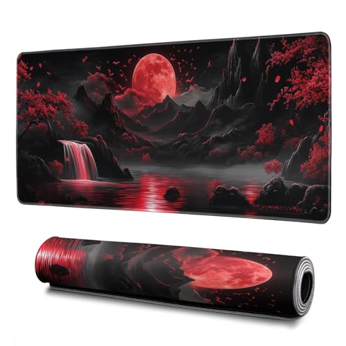 Darkness Red Moon Mouse Pad Abstract Red Mouse Pad 31.5x11.8 Inch Non-Slip Rubber Base Large Mousepad Stitched Edges Keyboard Mouse Mat Desk Pad for Office and Home(2) - color: Darkness Red Moon 2