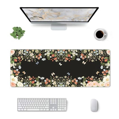 Large Gaming Mouse Pad Desk Mat, Black Girly Floral Extended Keyboard Mouse Pad Mousepad with Non-Slip Base and Stitched Edge Mouse Mat Desk Pad Mouse Pads for Desk Home Office, 31.5 x 11.8 - color: Girly Floral Black