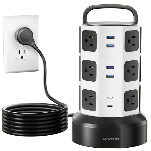 【10ft】 Power Strip Tower JACKYLED Surge Protector Electric Charging Station with 13A 12 Outlets 6 USB Ports Heavy Duty Extension Cord for Home Office Computer Nightstand Laptop Phone White Black - color: White Black, size: Medium-10ft