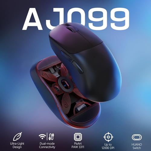 FELICON AJAZZ AJ099 Wireless Gaming Mouse, 59g Ultra-Lightweight, 6 DPI Settings, 2.4G & Wired, 500mAh Rechargeable Battery, Compatible with PC/Windows/Mac/PS4/Xbox (Black) - color: Black