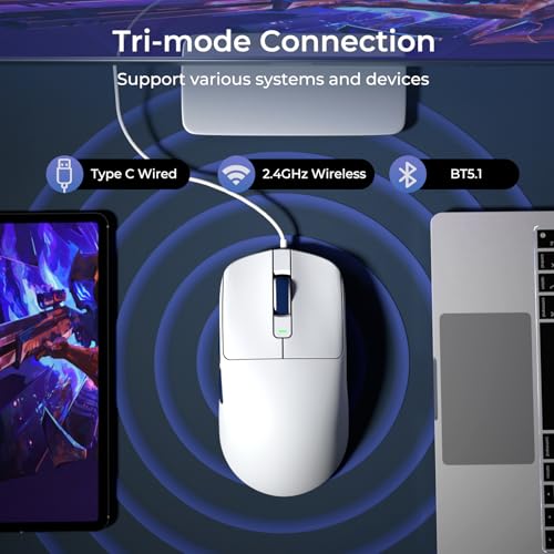 RK ROYAL KLUDGE RK M30 Wireless Gaming Mouse, 24000 DPI, 43g Ultra-Lightweight, PAW3311 Sensor, 2.4G/Bluetooth/USB-C Rechargeable Wireless Mouse with 5 Programmable Buttons for PC/Mac, White - color: white