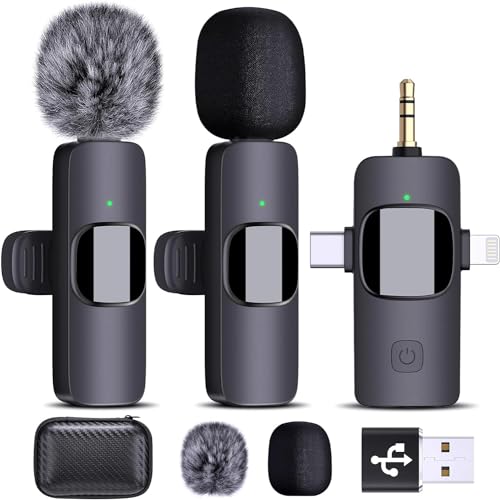 AMOOX Wireless Lavalier Microphone for iPhone Camera Live Streaming, Vlogging, Cordless Omnidirectional Clip Mic, Plug-Play Microphone for Interview Video Podcast Vlog YouTube - style: Three in One Set