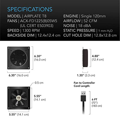 AC Infinity AIRPLATE T8, Quiet Cooling Dual-Fan System 6" with Thermostat Control, for Home Theater AV Cabinets - size: 6-Inch - Black Dual