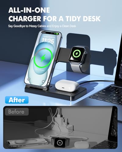 25W MagSafe Charging Station, 3-in-1 Magnetic Wireless Charger Stand | Foldable Phone and Watch Charger for Apple Multiple Devices-iPhone Air 17 16 15 14 13 12 Pro Max, Watch and AirPods-Black