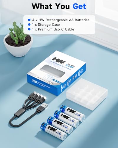 HW Rechargeable AA Lithium Batteries, [1.5V, 4-Pack] 3600mWh High Capacity USB C Battery Fast Charging, 1000 Cycles Pilas Recargables for VR/Gaming Controllers, Wireless Mice/Keyboards, Remotes, etc. - size: 4-Pack