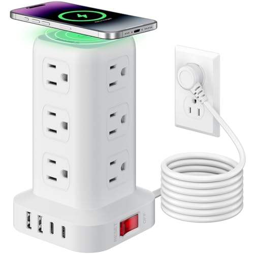 Extension Cord with Multiple Outlets, SMALLRT Power Strip Tower, Outlet Extender with 12 AC Outlets 4 USB, 6.5FT Extension Cord for Home Dorm Room, Office Supplies,Overload Protection - color: White, size: 6.5 Ft with wireless charging