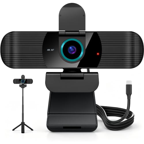 Pro UHD 4K/30fps Webcam with Tripod, External USB-C Camera for PC/Laptop | Dual noise-cancelling mics | Auto-focus | Wide-angle | Low-light correction | 360° rotation | CMOS sensor | Plug and Play - style: 4K | 30fps | USB-C Cable | Tripod Included