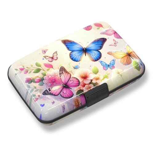 Credit Card Holder, Colorful Butterfly Mini RFID Small Aluminum Card Wallet | Blocking Slim Metal Business Card Case, RFID Blocking Front Pocket Wallet Hard Case Durable CC Holder for Women Girl - color: Colorful Butterflies