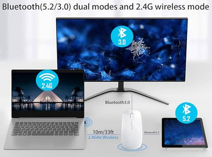 WREANU Wireless Bluetooth Mouse Rechargeable Laptop Mice Silent Slim Use(BT5.2 and 2.4G Portable USB Receiver) Dual Mode Computer Mouse for Laptop/iPad/Tablet/Apple/Computer/Mac(Bright White) - color: Bright White