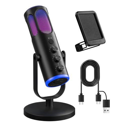 PUPGSIS Gaming Microphone for PC, Noise Cancellation Condenser Mic with RGB Lights, Mute, Monitoring, Pop Filter, Desktop-Mic for Streaming/Podcasting/Recording/Gaming Equipment, Plug & Play-Black - size: With Desktop Stand