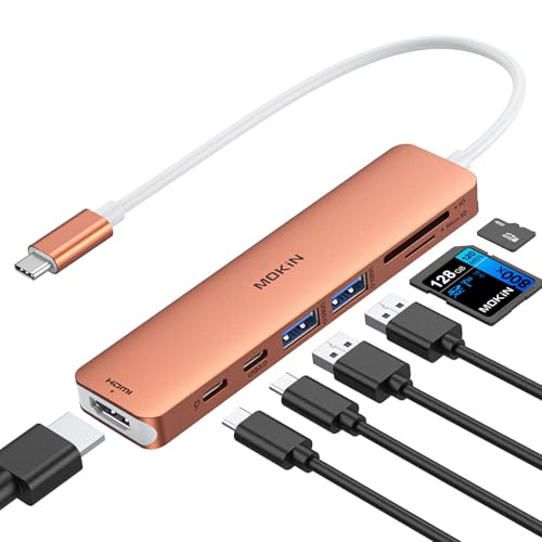 USB C Hub HDMI Adapter for MacBook Pro/Air, MOKiN 7 in 1 USB C Dongle with HDMI, SD/TF Card Reader, USB C Data Port,100W PD, and 2 USB 3.0 Compatible for MacBook Pro/Air, Dell XPS, Lenovo Thinkpad. - color: orange