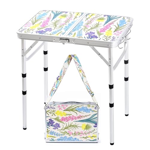 Folding Camping Table 2ft Portable Picnic Table Adjustable Height, Small Lightweight Aluminum Foldable Card Table,Hands-Free Carry for Outdoor Camp BBQ Beach (Blooming Floral with Shoulder Strap) - color: Blooming Floral, size: 24"l X 16"w X 27"h