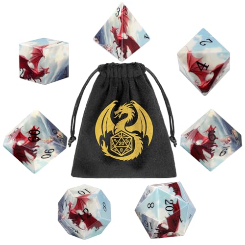 DND Dice Set, Dragon Theme Dice Set, UV Printed, Resin Material, DND Starter Set, 7pcs Polyhedral Dice Set with Dice Bag, Role Playing Board Games Accessories - color: Dragon Style Gift Bag