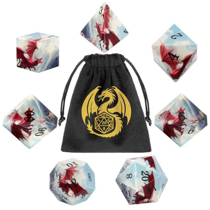DND Dice Set, Dragon Theme Dice Set, UV Printed, Resin Material, DND Starter Set, 7pcs Polyhedral Dice Set with Dice Bag, Role Playing Board Games Accessories - color: Dragon Style Gift Bag
