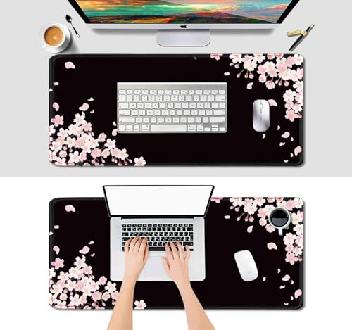 IMAYONDIA Ethereal Sakura Nightfall Desk Pad (35.4x15.7 in), Cherry Blossom Large Gaming Mouse Pad Mousepad, Serene Blossoms on Black Elegant Floral Art Desk Mats, Japanese Floral Computer Accessory - color: Cherry Blossom Black