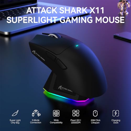 ATTACK SHARK X11 Wireless Gaming Mouse, PAW3311 Sensor, Lightweight, RGB Charging Dock, 22,000 DPI, Tri-Mode Connectivity, 5 Programmable Buttons - Black - color: Black, size: Mouse only