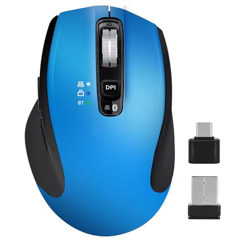 Wireless Bluetooth Mouse with USB-A, USB-C Receiver, Rechargeable, 3-Device, Full-Size, Silent Click, Ergonomic Mice for MacBook/Laptop/Computer/Tablet/PC/iPad-Blue - color: Blue