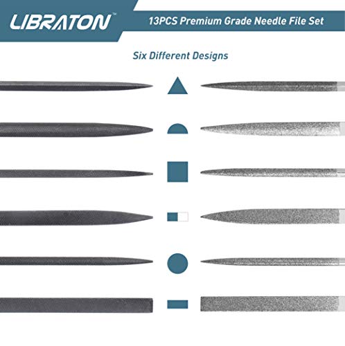 LIBRATON 13PCS Small Needle Files Set, 6 Carbon Steel & 6 Diamond File Set | for Precision Metal Work, Jewlers Metal File Set, Mini Jewelry Files for Wood Plastic Carving, with Brush and Carry Case - style: Needle File-13PCS
