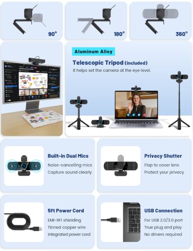 Pro HD 1080p/30fps Webcam with Tripod, External USB Camera for PC/Laptop | Dual noise-cancelling mics | Auto-focus | Wide-angle | Low-light correction | 360° rotation | CMOS sensor | Plug and Play - style: 1080p | 30fps | USB Cable | Tripod Included