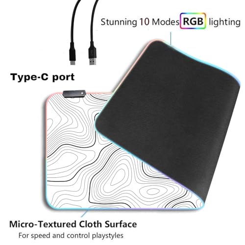 RGB Mouse Pad LED Desk Mat Large Gaming Mousepad White with Black Topographic Line Design, Keyboard Pad XL Mouse Mat for Home and Office(White with Black Topographic Line) - color: White With Black Topographic Line Mousepad With Led Large Mousepad