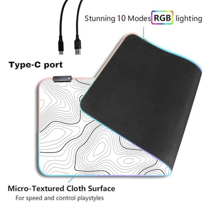 RGB Mouse Pad LED Desk Mat Large Gaming Mousepad White with Black Topographic Line Design, Keyboard Pad XL Mouse Mat for Home and Office(White with Black Topographic Line) - color: White With Black Topographic Line Mousepad With Led Large Mousepad