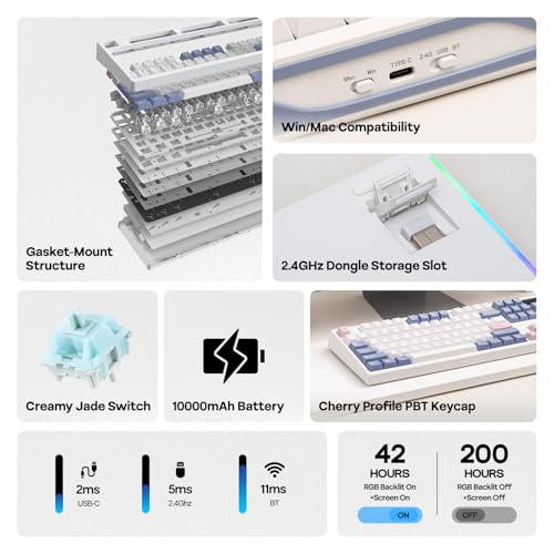 EPOMAKER TH108 PRO Full Size Mechanical Keyboard with Screen & Knob, Wireless Gaming Keyboard with 10000mAh, Creamy Gasket, Hot Swap, Custom Driver, RGB Backlight (White, Creamy Jade) - color: White, size: Creamy Jade