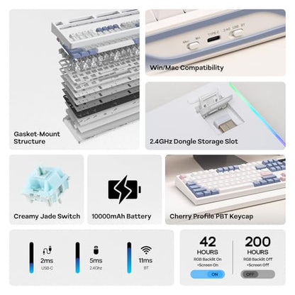 EPOMAKER TH108 PRO Full Size Mechanical Keyboard with Screen & Knob, Wireless Gaming Keyboard with 10000mAh, Creamy Gasket, Hot Swap, Custom Driver, RGB Backlight (White, Creamy Jade) - color: White, size: Creamy Jade